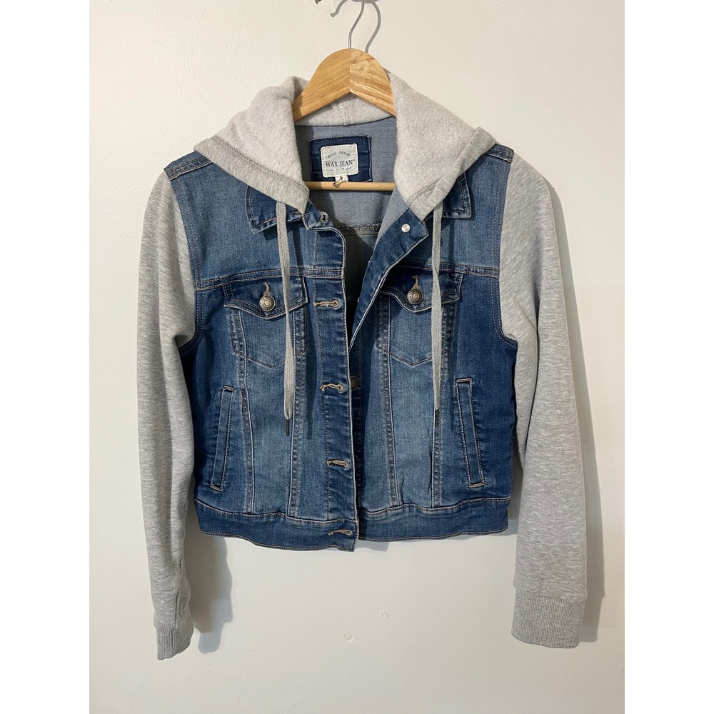 Wax Jean Womens Denim Jacket Grey Hoodie Sleeves Mixed Media Blue Trucker Small